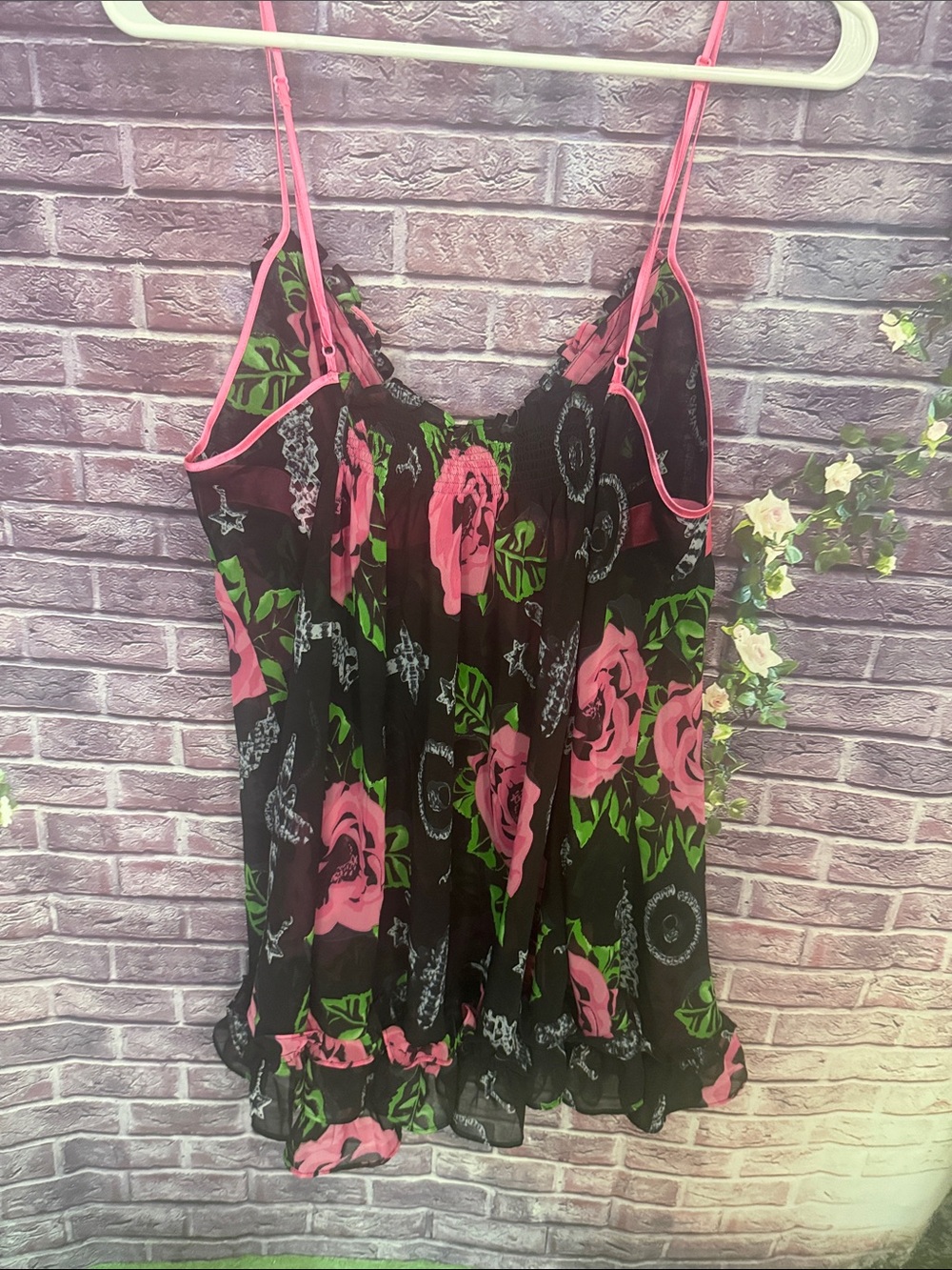 Betsey Johnson Black Hot Pink Rose Print Satin-Trim Chemise babydoll large - Picture 4 of 4